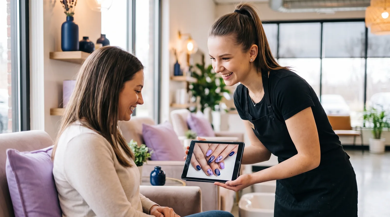Kasia pokazuje klientce efekty stylizacji na tablecie