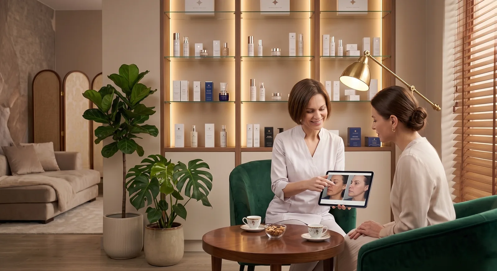 Konsultacja w salonie — specjalistka pokazuje klientce efekty na tablecie